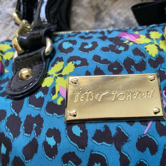 Betsey Johnson Mini Handle Bag Leopard Animal Print Floral Rose Pattern Teal - Picture 15 of 16